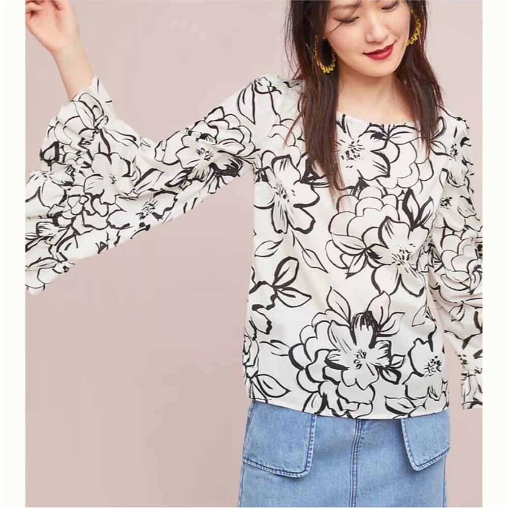 Tracy Reese Anthropologie Bell Sleeve Floral Blouse, EUC, Small, MSRP $168